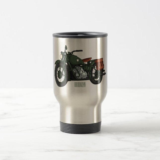 Military cruiser motorcycle cartoon illustration travel mug (Center)