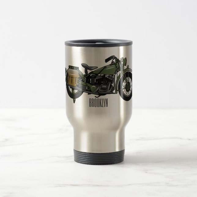 Military cruiser motorcycle cartoon illustration travel mug (Center)