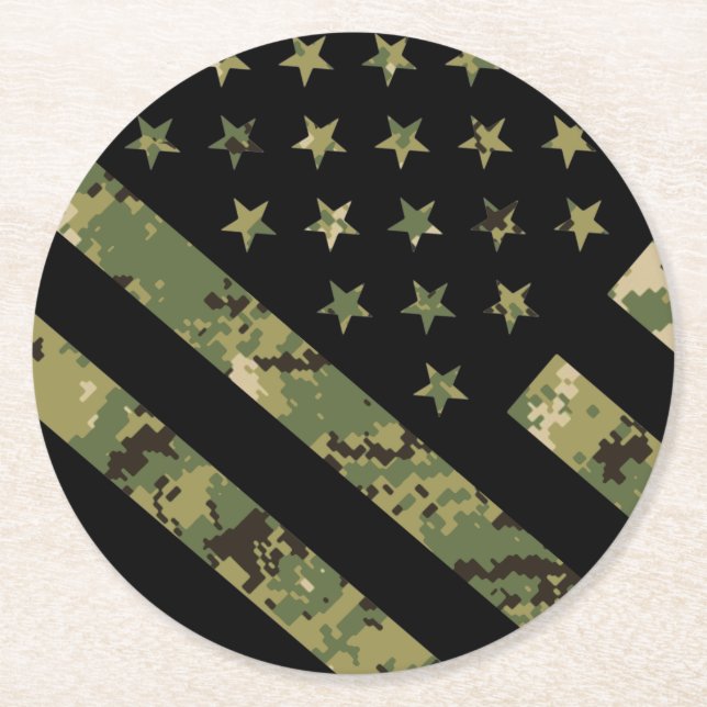 Military Digital Camouflage US Flag Round Paper Coaster (Front)