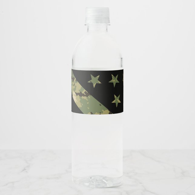 Military Digital Camouflage US Flag Water Bottle Label (Front)