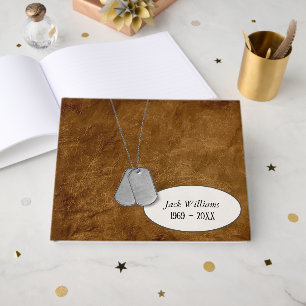 Military Dog Tags on Brown Leather for Funeral Guest Book