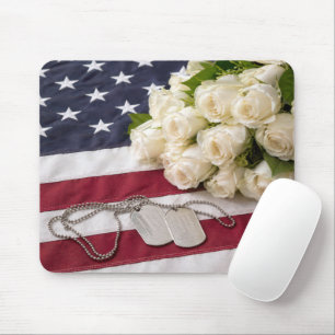 Military Dog Tags with White Roses Mouse Mat