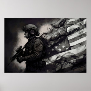 Military Female American Flag Smoke Ink Monochrome Poster