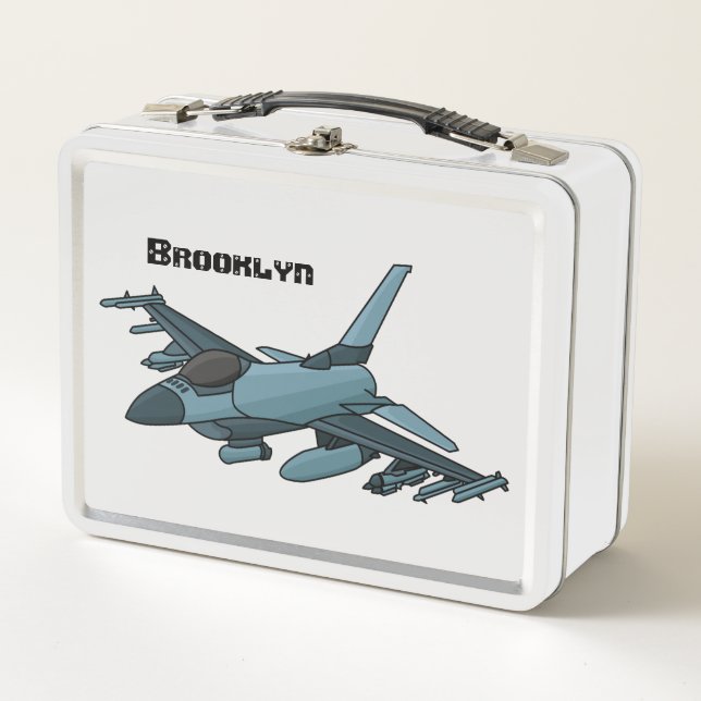 Military fighter jet plane cartoon metal lunch box (Front)