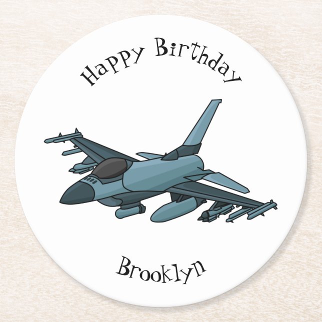 Military fighter jet plane cartoon round paper coaster (Front)