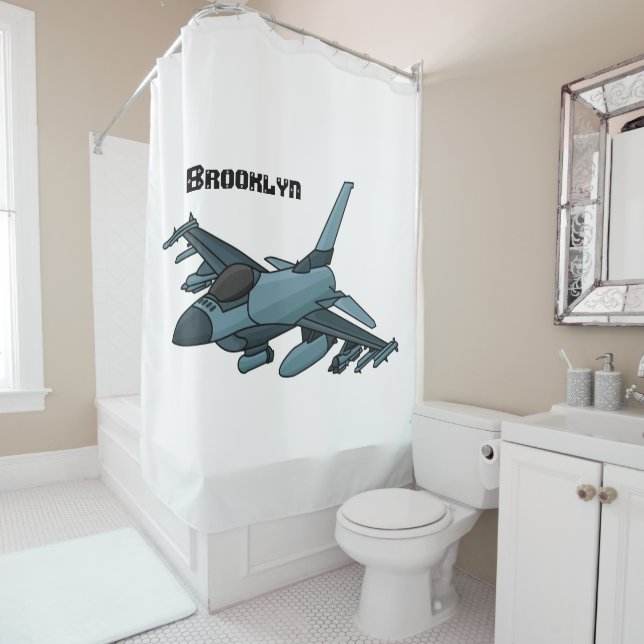 Military fighter jet plane cartoon shower curtain (In Situ)
