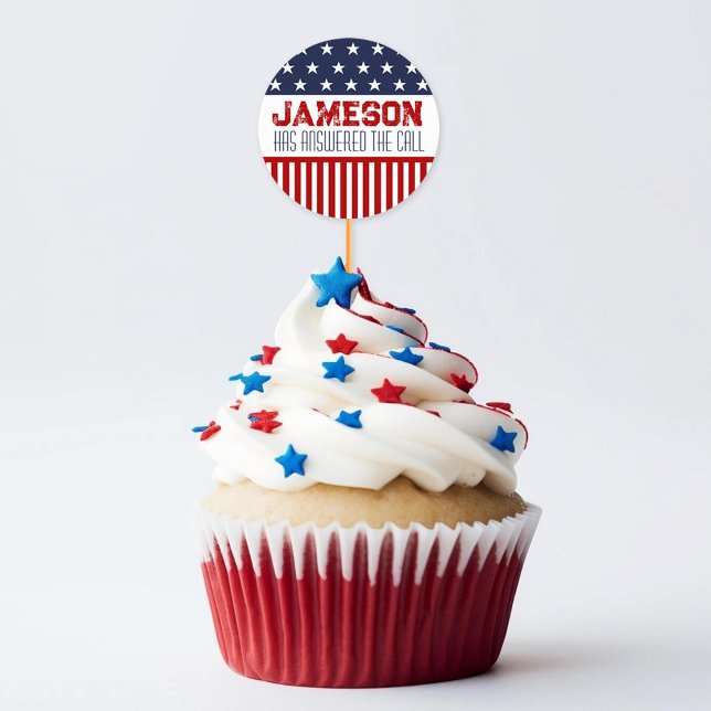 Military Going Away Party Decor Cupcake Pick Classic Round Sticker (Personalized name US flag patriotic military going away farewell party cupcake picks round stickers)