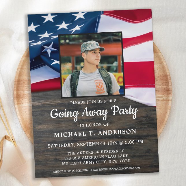 Military Going Away Party Patriotic American Flag Invitation Postcard (Creator Uploaded)