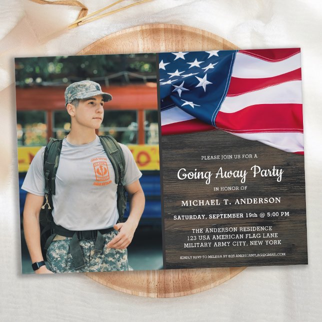 Military Going Away Party Patriotic USA Flag Photo Invitation Postcard (Creator Uploaded)