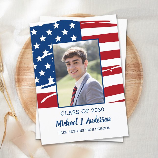 Military Graduation Patriotic Graduate Photo Flag Invitation Postcard (Creator Uploaded)