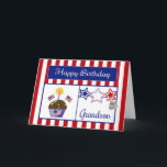 Military Grandson Birthday Card<br><div class="desc">This Patriotic Birthday Card will make your military Grandson smile. This colourful card features a red and white striped background, chocolate cupcake with stars, American Flags, a flag heart and a candle, red, white & blue stars, a dog tag embossed with "USA" and a blue banner with the text "Happy...</div>