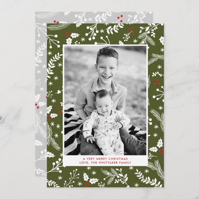 Military Green Berries Christmas Holiday Flat Card (Front/Back)