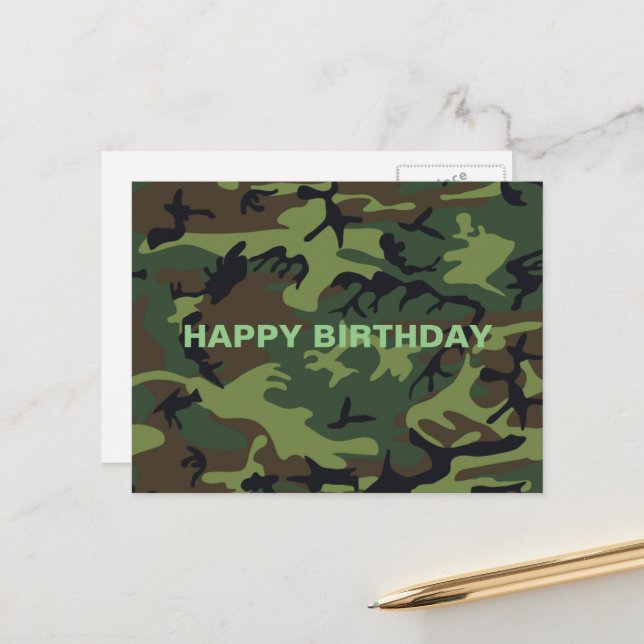 Military Green Camouflage Happy Birthday Postcard (Front/Back In Situ)