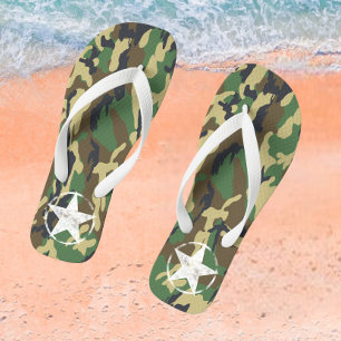 Military Green Camouflage With White Star Flip Flops