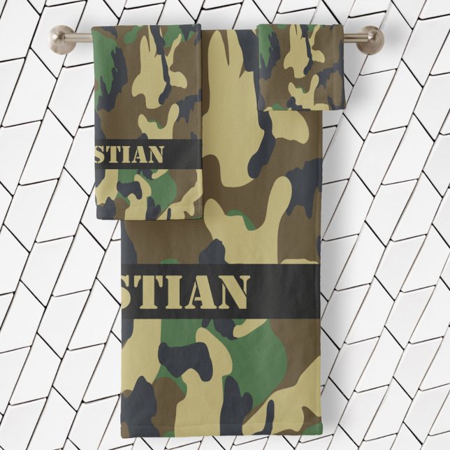 Military Green Camouflaged Pattern Personalised Bath Towel Set (Creator Uploaded)