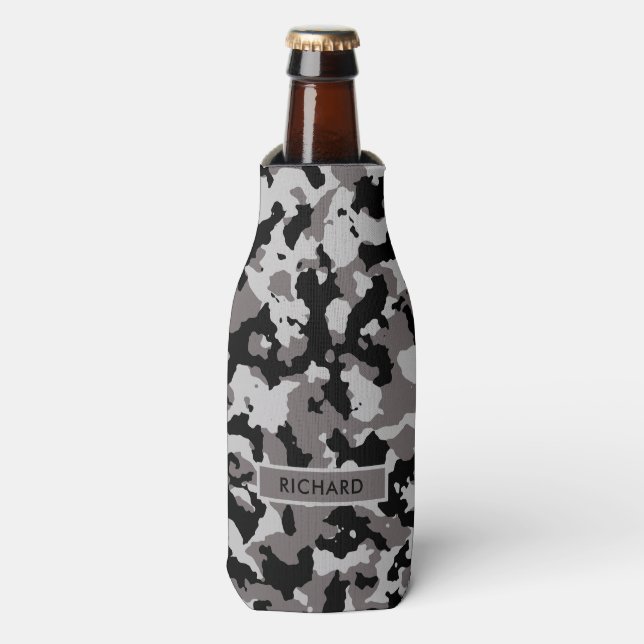 Military Grey Camouflage Pattern Personalised Bottle Cooler (Bottle Front)