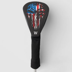 Military Grunge Skull USA Flag Monogram Initial Golf Head Cover