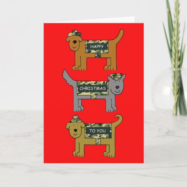 Military Happy Xmas Dogs in Camouflage Outfits Holiday Card (Front)