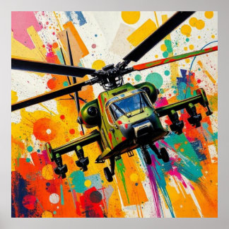 Military helicopter among explosion of colors poster
