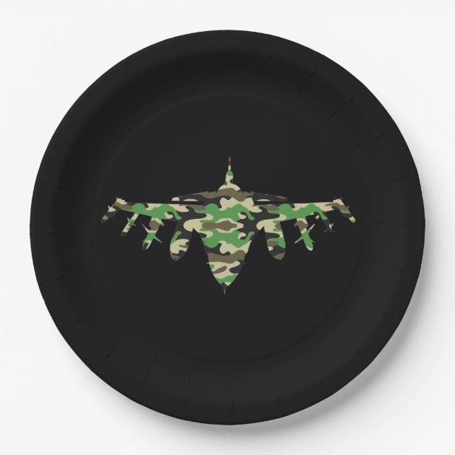 Military Jet camouflage fighter aircraft silhouett Paper Plate (Front)
