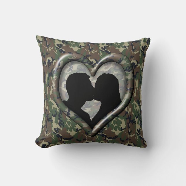 Military Kissing Couple Silhouette Camo Heart Cushion (Front)