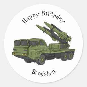 Military missile truck cartoon illustration classic round sticker