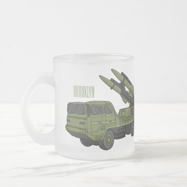 Military missile truck cartoon illustration frosted glass coffee mug (Left)