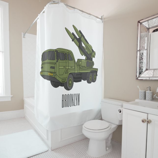 Military missile truck cartoon illustration shower curtain (In Situ)