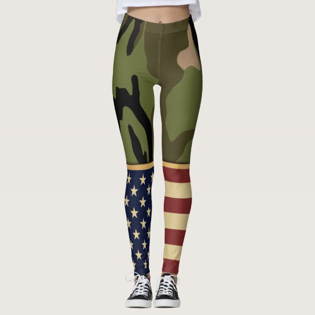Military Patriotic American Flag Camo Leggings (Front)