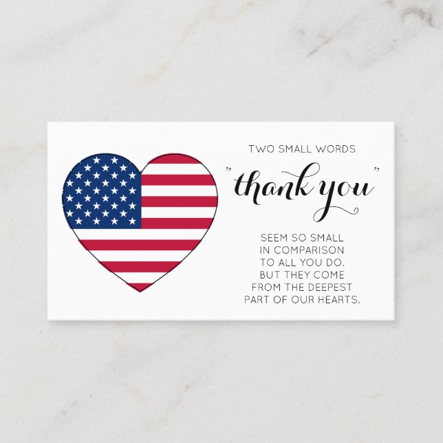 Military Patriotic Heart American Flag Thank You Business Card (Front)