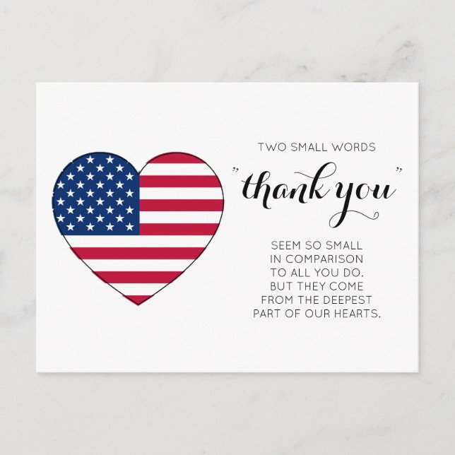 Military Patriotic Heart American Flag Thank You  Postcard (Front)