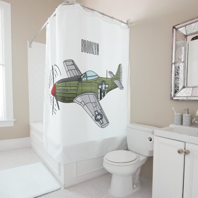 Military plane cartoon illustration shower curtain (In Situ)
