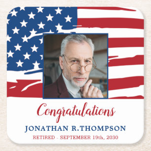 Military Retirement American Flag Photo Patriotic Square Paper Coaster