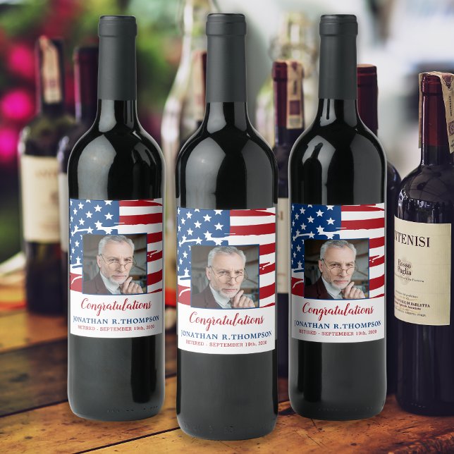 Military Retirement American Flag Photo Patriotic Wine Label (Creator Uploaded)