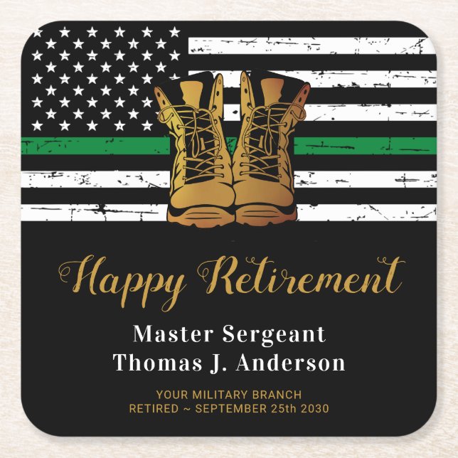 Military Retirement Army Thin Green Line Flag Square Paper Coaster (Front)