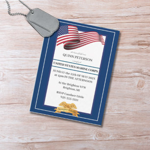 Military Retirement Invitation Flag Gold Crest Postcard