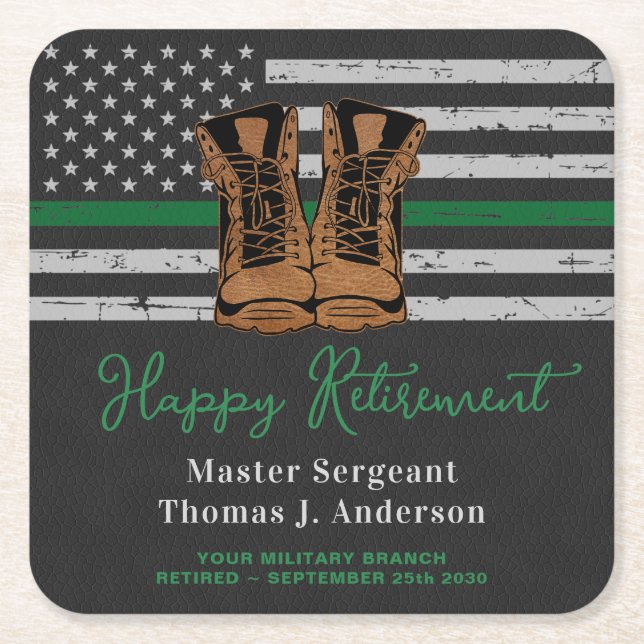 Military Retirement Leather Boots Green Line Army  Square Paper Coaster (Front)