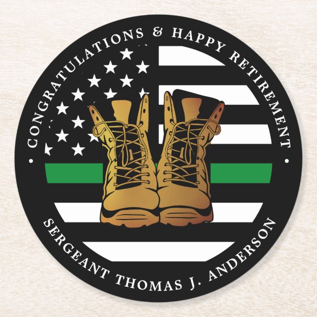 Military Retirement Party Thin Green Line Boots Round Paper Coaster (Front)