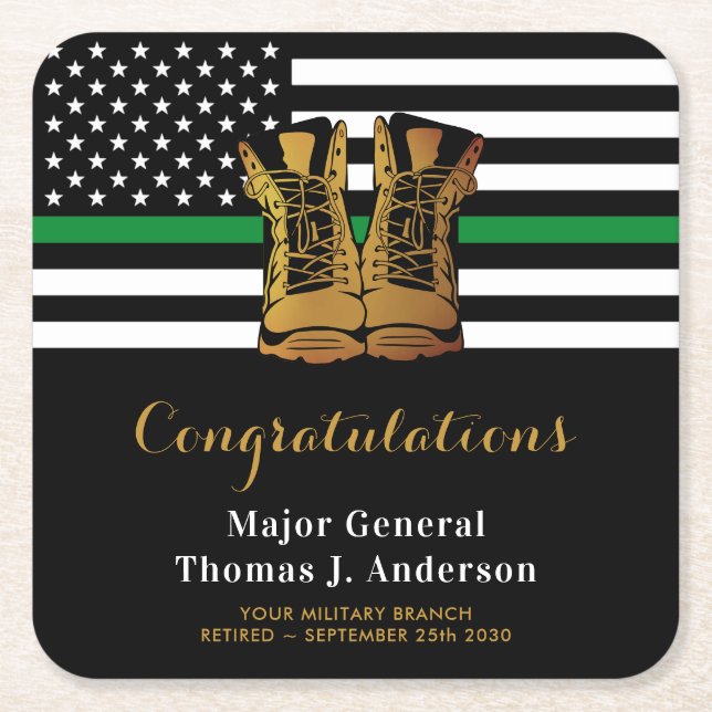 Military Retirement Party Thin Green Line Boots  Square Paper Coaster (Front)