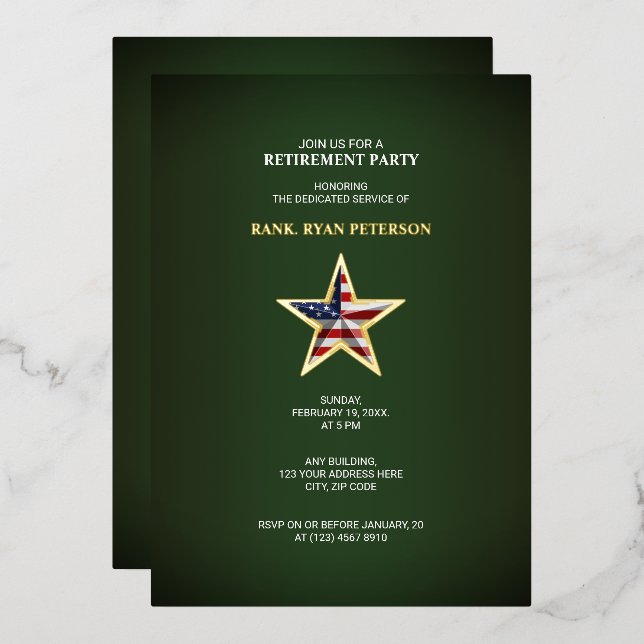 Military Retirement Party - USA Star Green Invite (Front/Back)