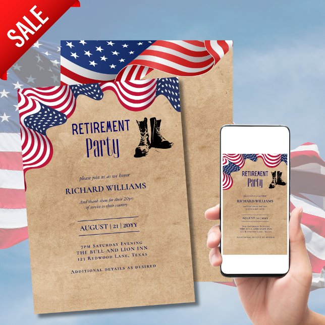 MILITARY RETIREMENT Patriotic US FLAG Rustic Theme Invitation (Creator Uploaded)