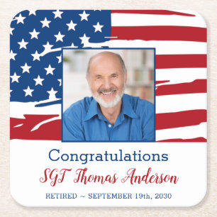 Military Retirement Photo Patriotic American Flag Square Paper Coaster