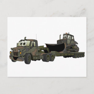 Military Semi Bulldozer Flatbed Cartoon Postcard