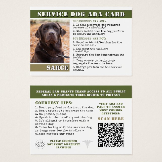 Military Service Dog ADA Cards Photo ID Badge (Front & Back)
