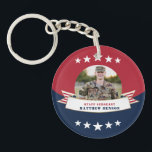 Military Service Photo Red White Blue Keychain<br><div class="desc">Honour your serviceman with this patriotic red white and blue two inch round acrylic double-sided key chain featuring a single centred circle photograph, a stars and stripes banner with a faux foil border and placeholders for your special service person's name and rank. Great gifts for parents and grandparents! Available in...</div>
