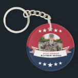 Military Service Photo Red White Blue Keychain<br><div class="desc">Honour your serviceman with this patriotic red white and blue two inch round acrylic double-sided key chain featuring a single centred circle photograph, a stars and stripes banner with a faux foil border and placeholders for your special service person's name and rank. Great gifts for parents and grandparents! Available in...</div>