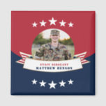 Military Service Photo Red White Blue Magnet<br><div class="desc">Honour your serviceman with this patriotic red white and blue 2" x 2" square magnet featuring a single centred circle photograph, a stars and stripes banner with a faux foil border and placeholders for your special service person's name and rank. Great gifts for parents and grandparents to put on their...</div>