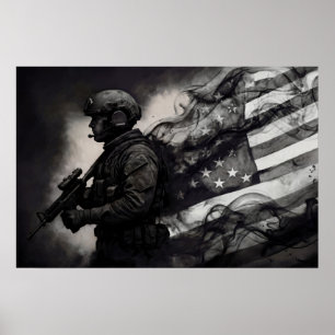 Military Smoke Ink American Flag Black & White Art Poster