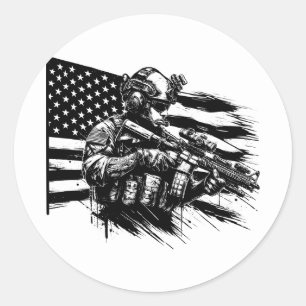 Military Soldier American USA Flag Patriotic Art Classic Round Sticker