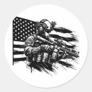 Military Soldier American USA Flag Patriotic Art Classic Round Sticker